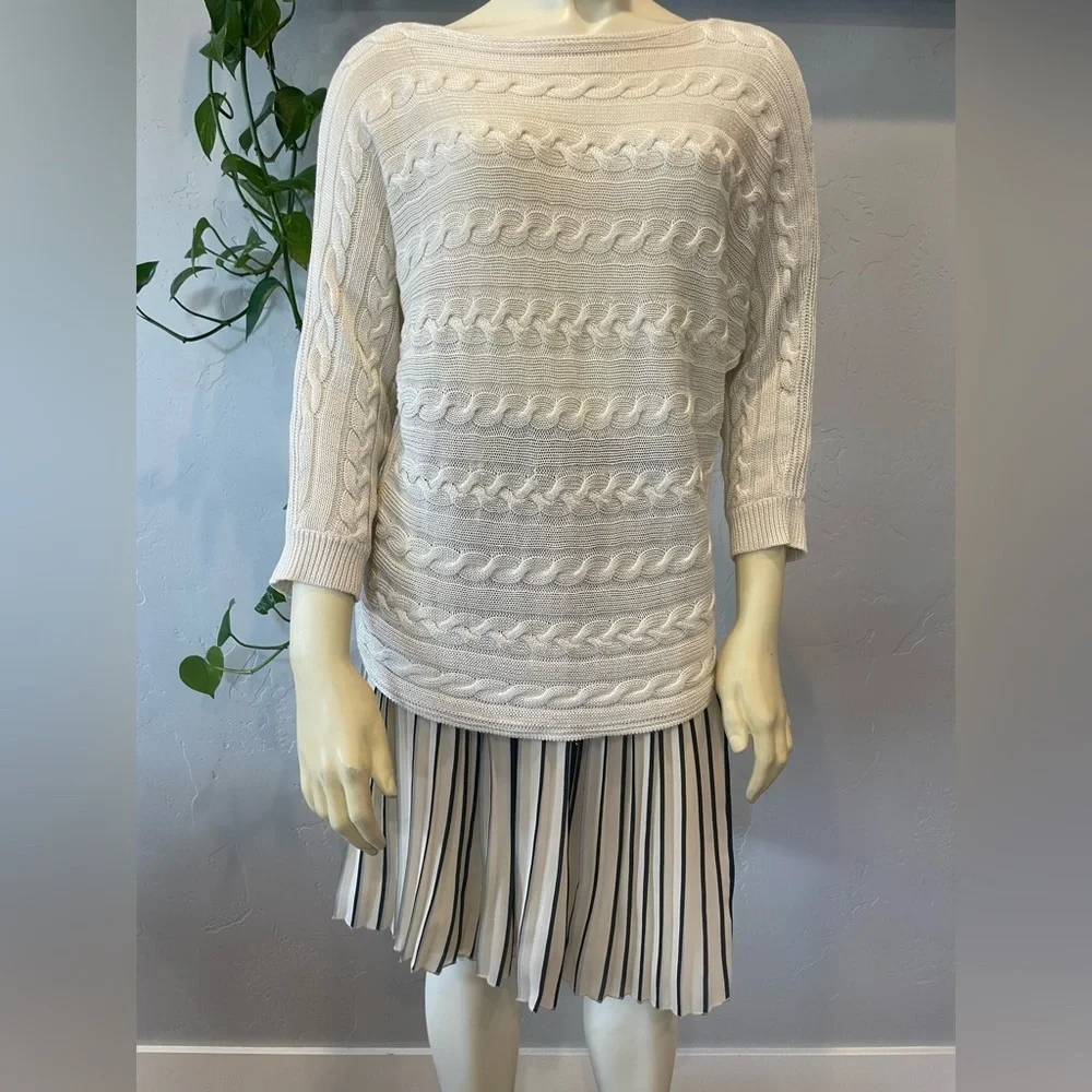 New J. Crew Cream pleated Circle Skirt with  navy Vertical Stripes SZ 4